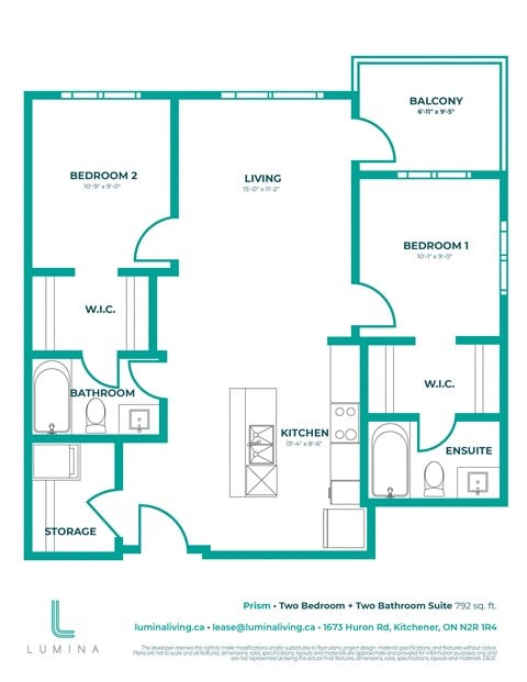 Floor plan for 2 beds, 2 baths, 792 sqft
